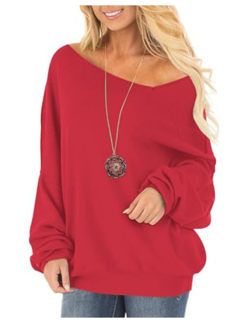 Women's Off Shoulder Long Sleeve Pullover Slouchy Sweater